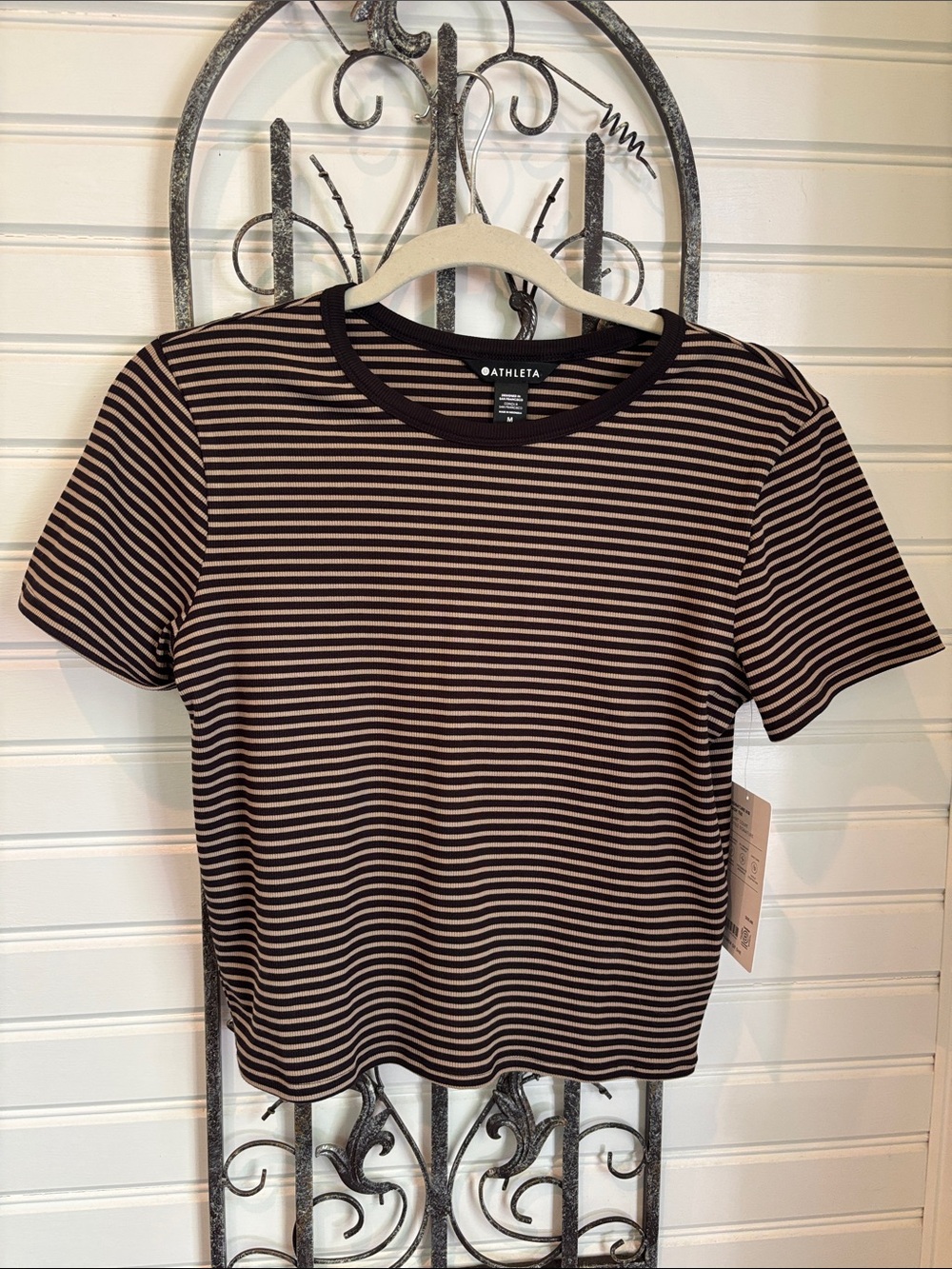 Athleta Signature Ribbed Black and Tan Striped Short-Sleeve Crew Tee